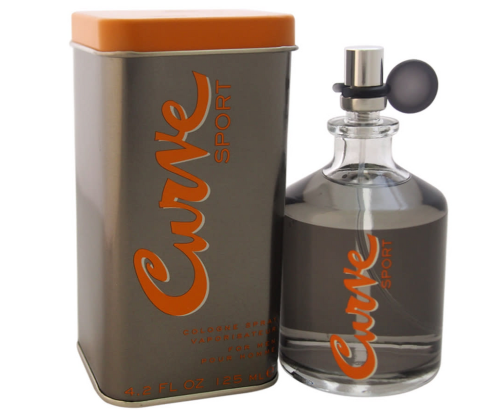 A bottle of Curve Sport cologne spray next to its metallic gray tin packaging box with an orange lid, on a white background.