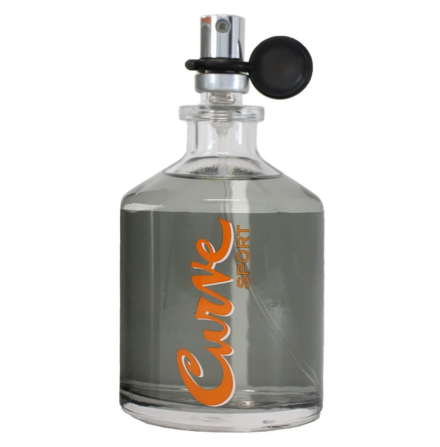 A clear glass perfume bottle with a silver spray nozzle and a black atomizer cap, featuring a gray liquid and a prominent orange script label reading 'Curve Sport' on the front.