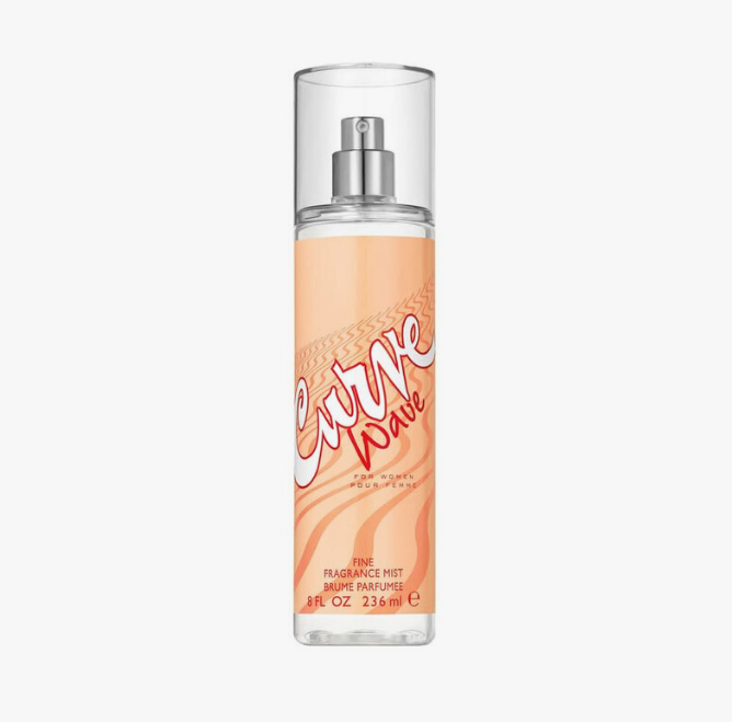 A bottle of Curve Wave Eau de Parfum fragrance mist, featuring a peach-colored label with red and white script lettering, set against a plain light gray background.