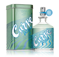 Curve Water cologne spray bottle with a blue cap next to its green metal tin packaging, both featuring a wavy blue and white pattern, on a white background.