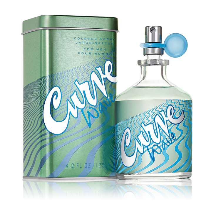 Curve Water cologne spray bottle with a blue cap next to its green metal tin packaging, both featuring a wavy blue and white pattern, on a white background.