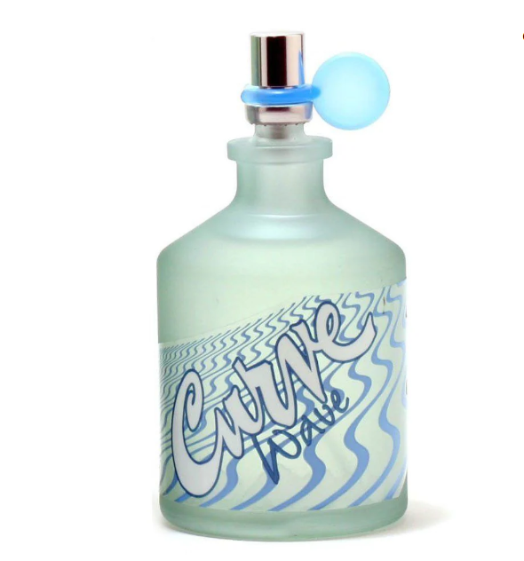 A frosted glass perfume bottle with a light blue and white wavy pattern label reading 'Curve Wave'. The bottle has a silver atomizer cap with a light blue spherical accent.