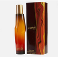 A bottle of Mambo cologne next to its retail box, featuring a glossy amber-to-red gradient glass bottle with a gold cap and a dark brown box with a vibrant red, orange, and yellow marbled pattern.