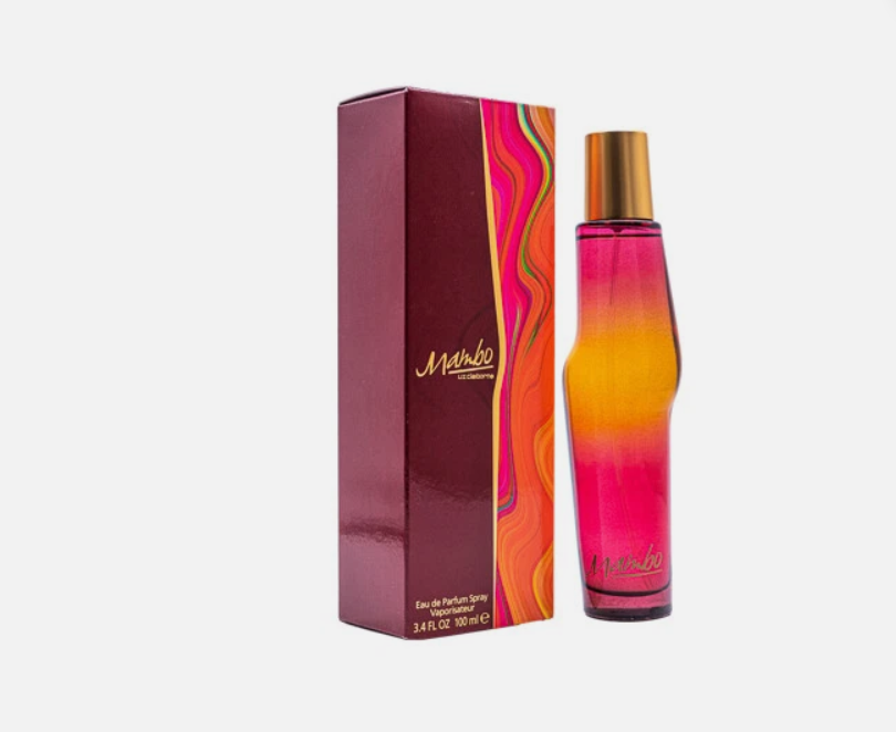 Liz Claiborne Mambo Eau de Toilette spray bottle and its packaging box, featuring a vibrant pink, orange, and yellow gradient design with a gold cap.