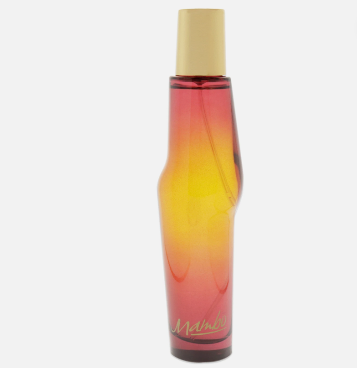 A perfume bottle with a gradient design transitioning from red at the top to yellow and orange in the middle, and ending in a deep red at the base. It has a metallic gold cap and a gold script logo near the bottom, set against a plain light gray background.