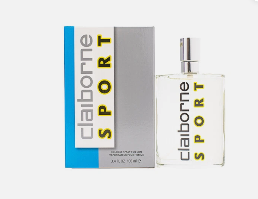 Claiborne Sport cologne spray for men, showing the clear rectangular bottle with a silver cap next to its silver, white, and blue packaging box on a light gray background.