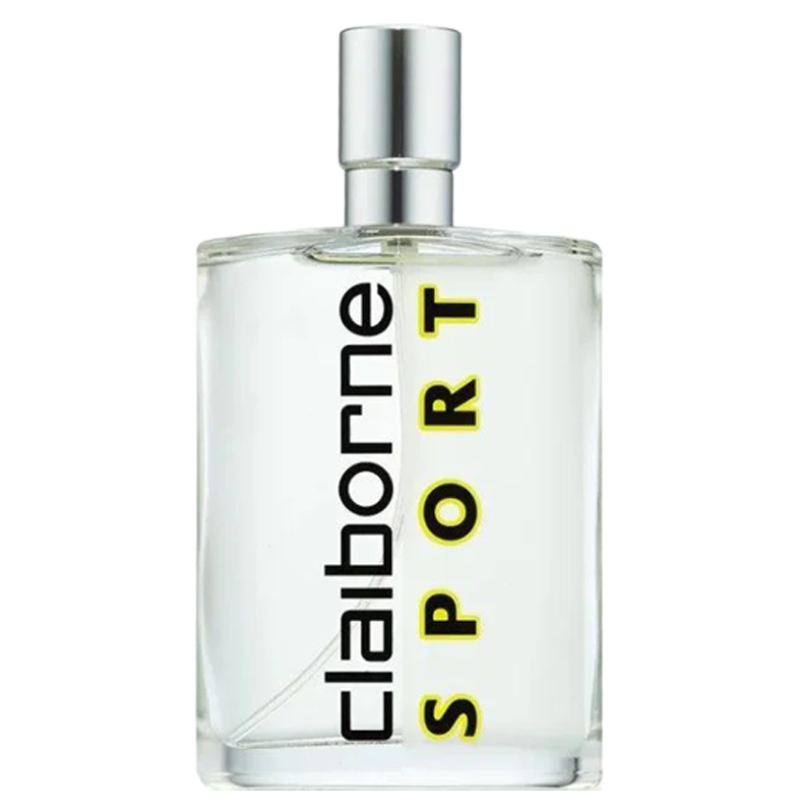 A clear glass bottle of Claiborne Sport fragrance with a silver cylindrical cap, featuring the brand name 'claiborne' in black and 'SPORT' in yellow vertical lettering on the front.