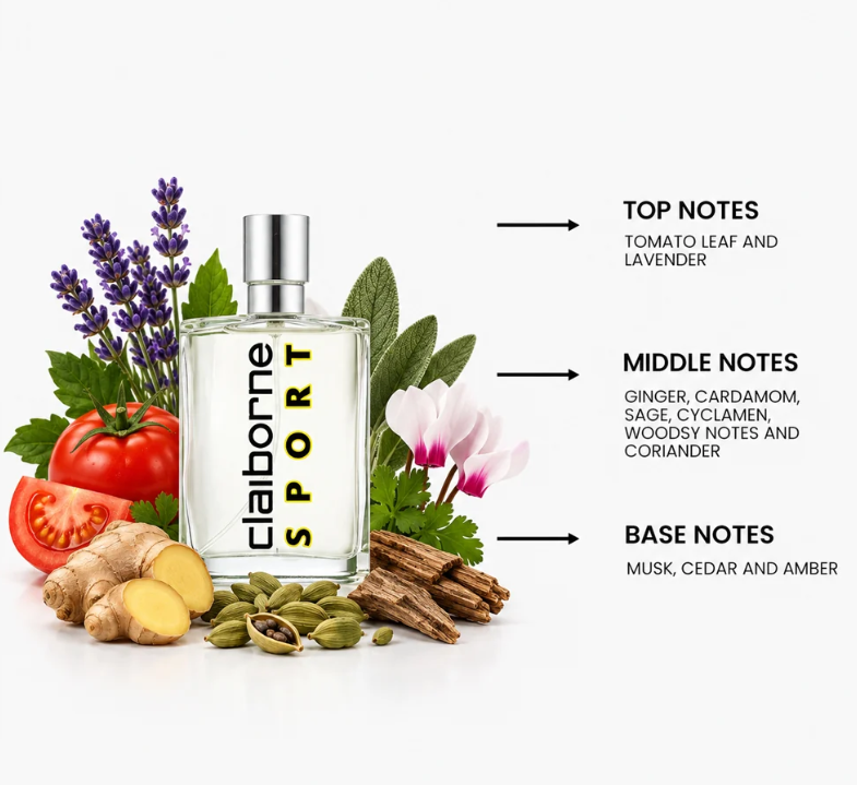 A clear rectangular perfume bottle labeled 'ciaiborne SPORT' stands on a white background with ingredient props around it: lavender, tomato, ginger, cardamom, sage, cyclemmen, coriander, and cinnamon. Arrows point from the right to text describing top notes, middle notes, and base notes.