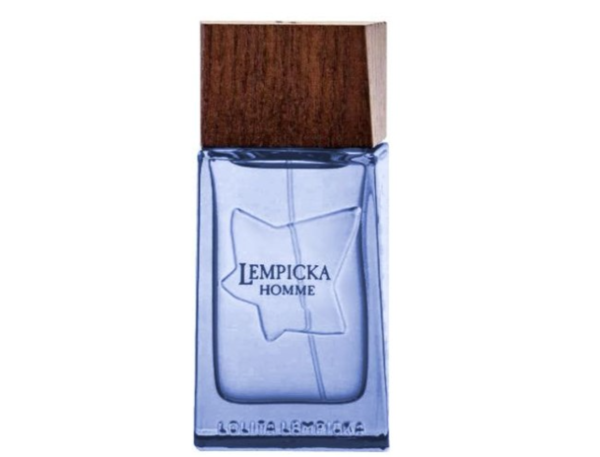 A bottle of Lempicka Homme Eau de Toilette with a translucent light blue glass body and a dark brown wood-grain cap, shown against a plain white background.