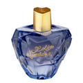 A faceted blue glass perfume bottle with a metallic gold cap and gold script lettering that reads 'Lolita Hammacka' on the front, isolated on a white background.