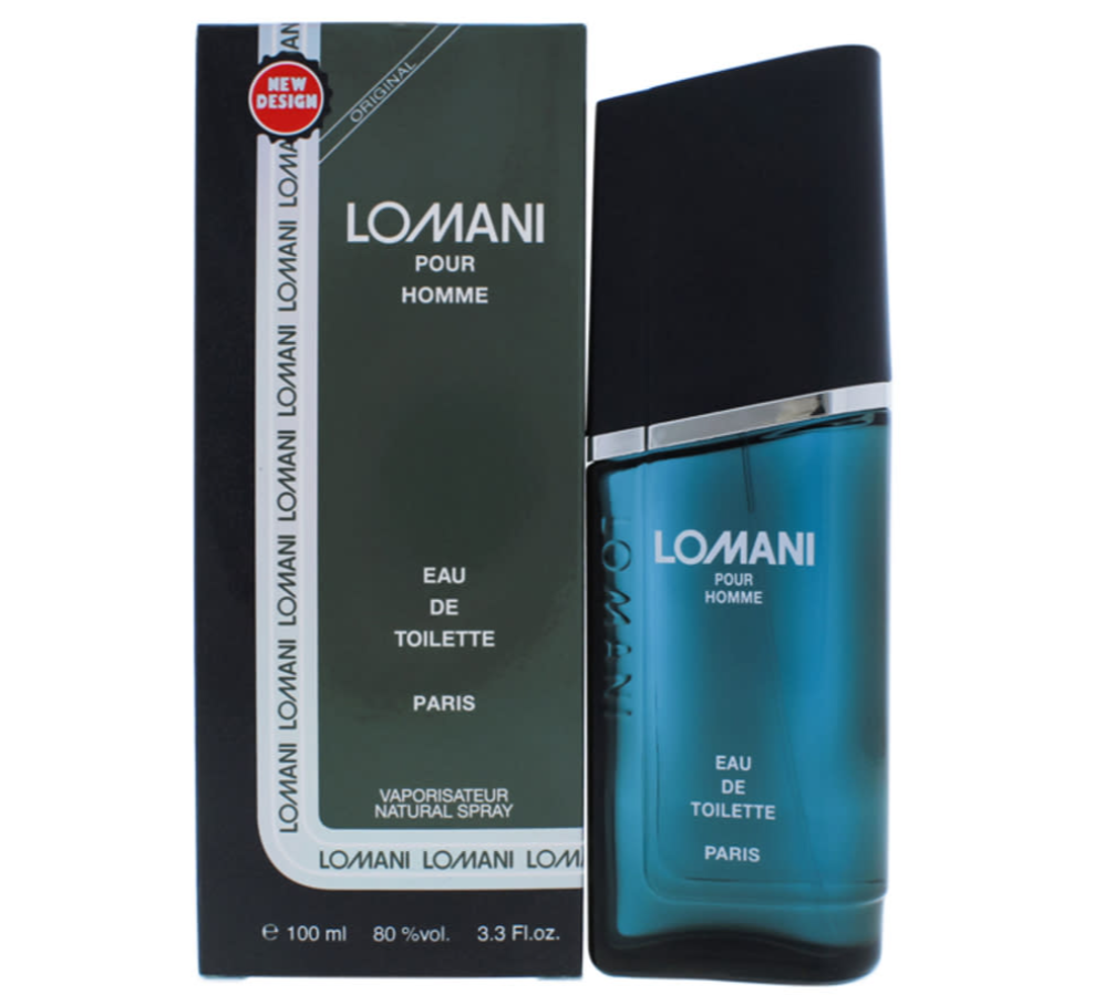 Lomani Pour Homme Eau de Toilette perfume bottle and its packaging box, featuring a dark green and black box alongside a translucent blue bottle with a black cap.
