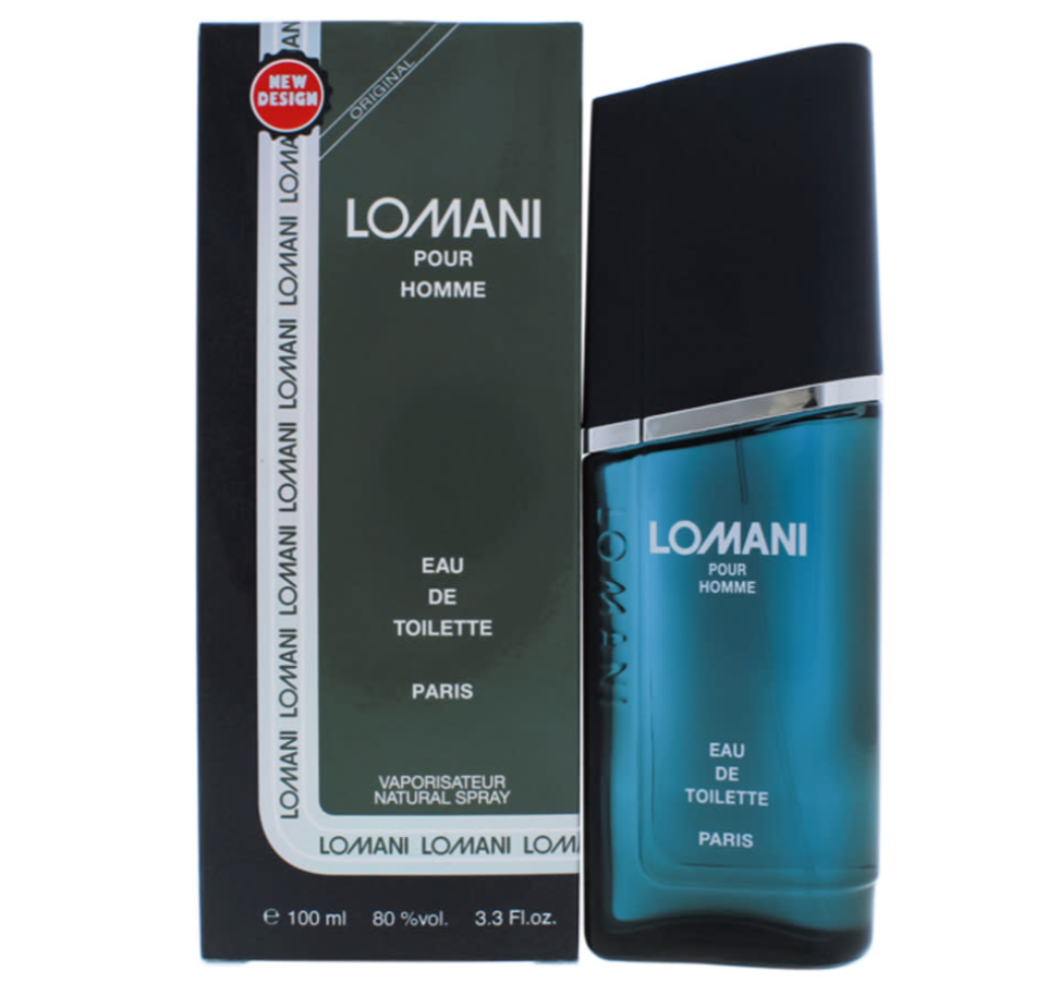 Lomani Pour Homme Eau de Toilette perfume bottle and its packaging box. The bottle is a translucent teal blue with a black cap, and the box is dark green with white text.