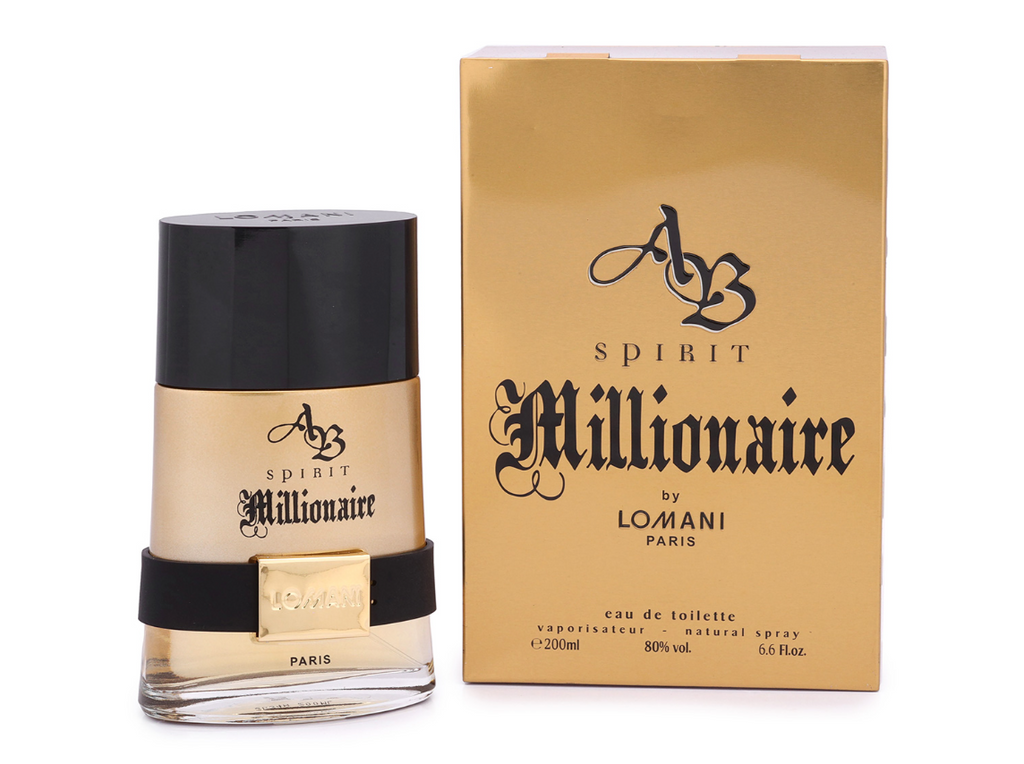 A bottle of Lomani Paris 'Spirit Millionaire' eau de toilette next to its gold-colored packaging box, set against a plain white background.