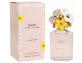 Marc Jacobs Daisy Eau So Fresh perfume bottle with a floral cap next to its pink floral-patterned box, on a white background.