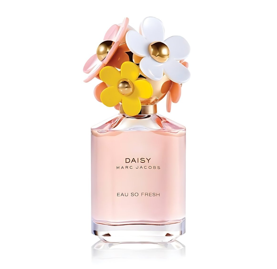 Marc Jacobs Daisy Eau So Fresh perfume bottle with a pink liquid and a decorative floral cap featuring white, yellow, and pink flowers with gold centers, on a white background.