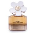 Marc Jacobs Daisy Eau So Intense perfume bottle with a white flower cap and amber-colored liquid, shown on a white background.