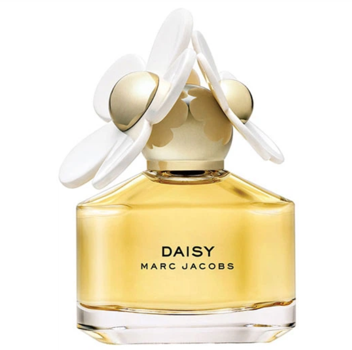 Marc Jacobs Daisy Eau de Toilette perfume bottle with a gold-toned glass body, black lettering, and a white daisy cap with gold centers on a white background.