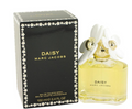 Marc Jacobs Daisy Eau de Toilette spray bottle with its black packaging box decorated with a white daisy border, on a white background.