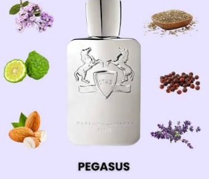 A silver perfume bottle labeled Pegasus, shown on a light lavender background with ingredient illustrations around it, including lavender, lime, green fruit, almonds, peppercorns, and a spice mix.