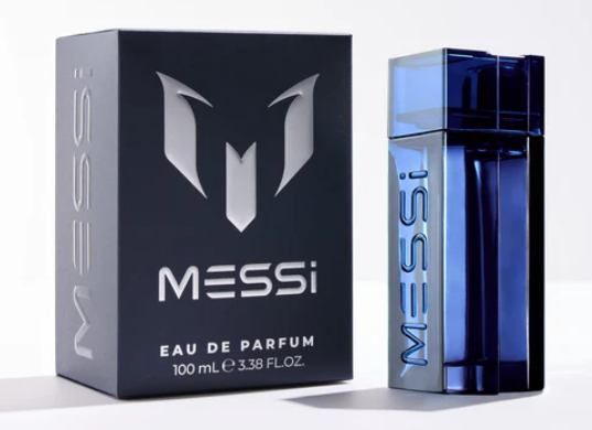 Messi Eau de Parfum 100 mL bottle and its black packaging box, featuring a metallic silver M logo and 'MESSi' branding.
