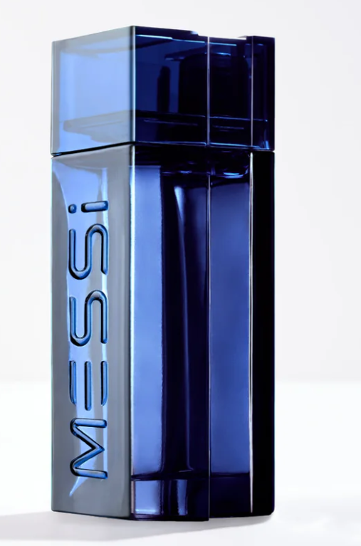 Messi cologne bottle in a translucent dark blue glass with a metallic silver base and the name 'MESSI' embossed vertically.