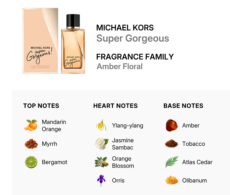 Michael Kors Super Gorgeous Fragrance Family Amber Floral, showing the perfume bottle and box on the top half, and a notes chart on the bottom half detailing top, heart, and base notes.
