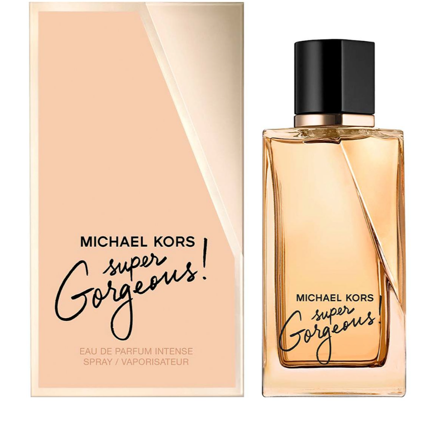 Michael Kors Super Gorgeous Eau de Parfum Intense spray bottle next to its packaging box. The bottle contains a warm peach-colored liquid and features a black cap, while the box is a matching pale peach color with black text.