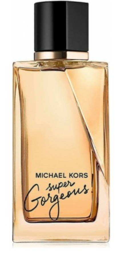 Michael Kors Super Gorgeous Eau de Parfum bottle with a black cap and warm amber liquid, shown on a white background.
