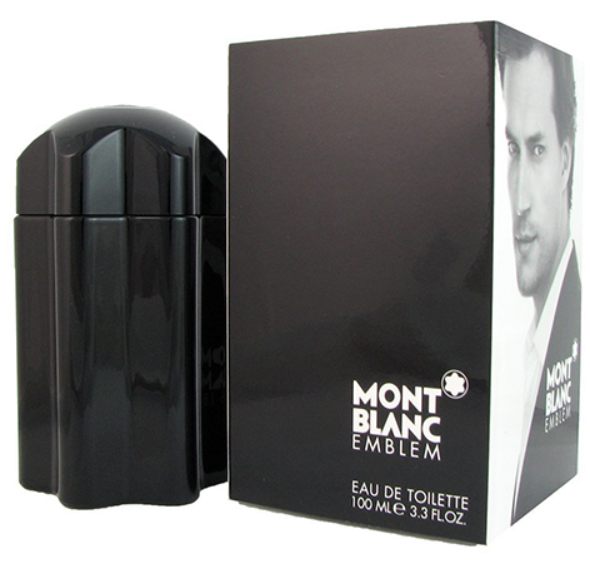 Mont Blanc Emblem Eau de Toilette 100ml bottle and packaging box. The bottle is a glossy black glass cylinder with a matching cap, positioned next to its black box which features white branding and a black-and-white portrait of a man.