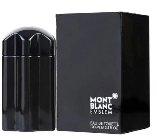 Mont Blanc Emblem Eau de Toilette 100ml bottle and its black packaging box, featuring the brand name in white text.