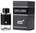 Mont Blanc Explorer Eau de Parfum 4.5ml bottle next to its textured black packaging box, featuring the brand name 'Mont Blanc' and product name 'Explorer'.