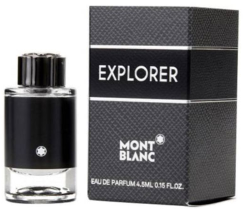 Mont Blanc Explorer Eau de Parfum 4.5ml bottle next to its textured black packaging box, featuring the brand name 'Mont Blanc' and product name 'Explorer'.