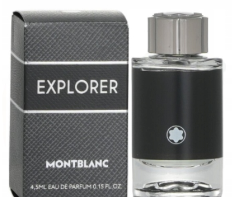 Montblanc Explorer Eau de Parfum 4.5ml bottle next to its textured black and gray packaging box, featuring the iconic Montblanc star logo.