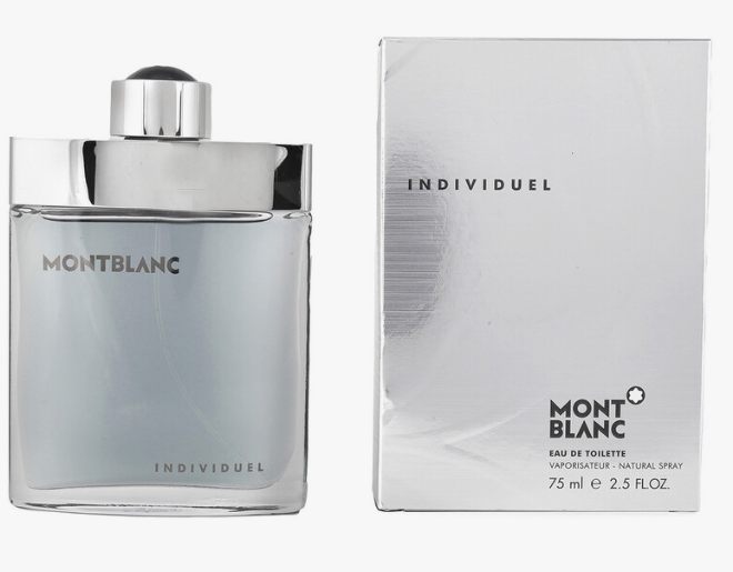 Montblanc Individuel Eau de Toilette bottle next to its silver packaging box, shown on a clean white background.
