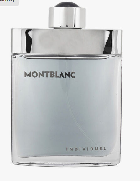 Montblanc Individuel perfume bottle with a reflective silver cap and a frosted glass body showing a pale blue tint, on a white background.