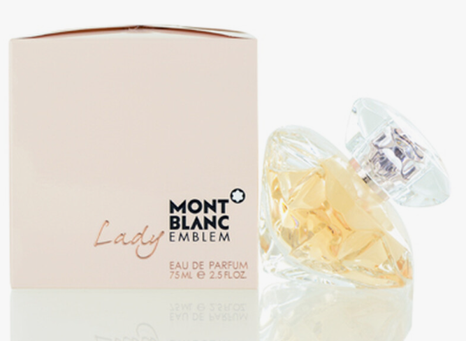 Mont Blanc Emblem Lady Eau de Parfum 75ml bottle next to its pale pink packaging box on a reflective white surface.
