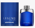 Montblanc Legend Blue Eau de Parfum bottle next to its blue packaging box, featuring a vibrant blue gradient design with silver metallic accents.