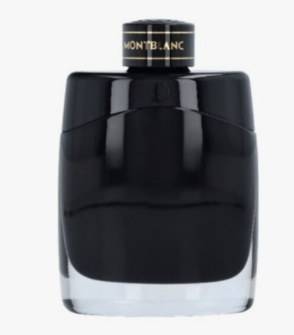 Montblanc black perfume bottle with a glossy black finish and a black cap featuring gold lettering, set against a plain white background.