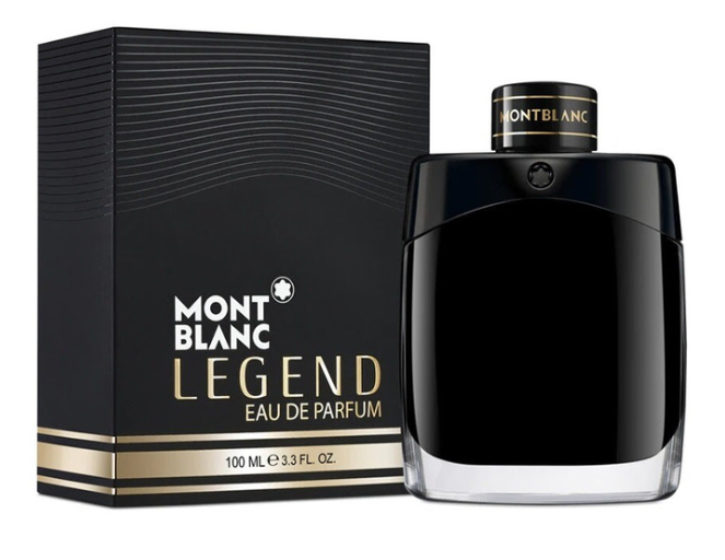 Montblanc Legend Eau de Parfum 100ml bottle next to its black and gold packaging box, shown on a clean white background.