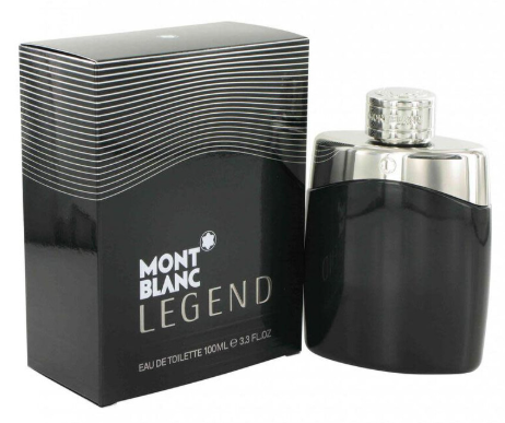 Mont Blanc Legend Eau de Toilette 100ml bottle and its black packaging box with silver stripes, on a white background.