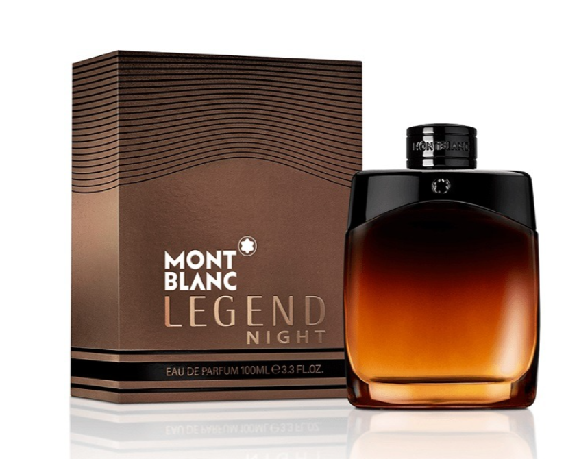 Mont Blanc Legend Night Eau de Parfum bottle with its brown packaging box, displayed on a reflective white surface.