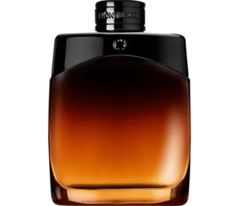 Montblanc For Men Eau de Toilette bottle, featuring a dark amber-brown gradient glass body with a glossy black cap and collar, on a solid white background.