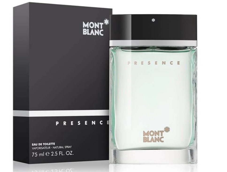 Mont Blanc Presence Eau de Toilette bottle and its black packaging box, featuring a pale mint-green liquid in a clear glass bottle with a black cap. Mont Blanc Presence Eau de Toilette 2.5 oz bottle and box for men Authentic Perfume Store UPC 3386460028325