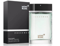 Mont Blanc Presence Eau de Toilette bottle and its black packaging box, featuring a pale mint-green liquid in a clear glass bottle with a black cap. Mont Blanc Presence Eau de Toilette 2.5 oz bottle and box for men Authentic Perfume Store UPC 3386460028325
