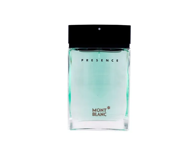 Mont Blanc Presence Eau de Toilette bottle with a black cap and mint green glass, shown on a plain white background. Mont Blanc Presence Eau de Toilette 2.5 oz single bottle for men on white background Authentic Perfume Store UPC 3386460028325