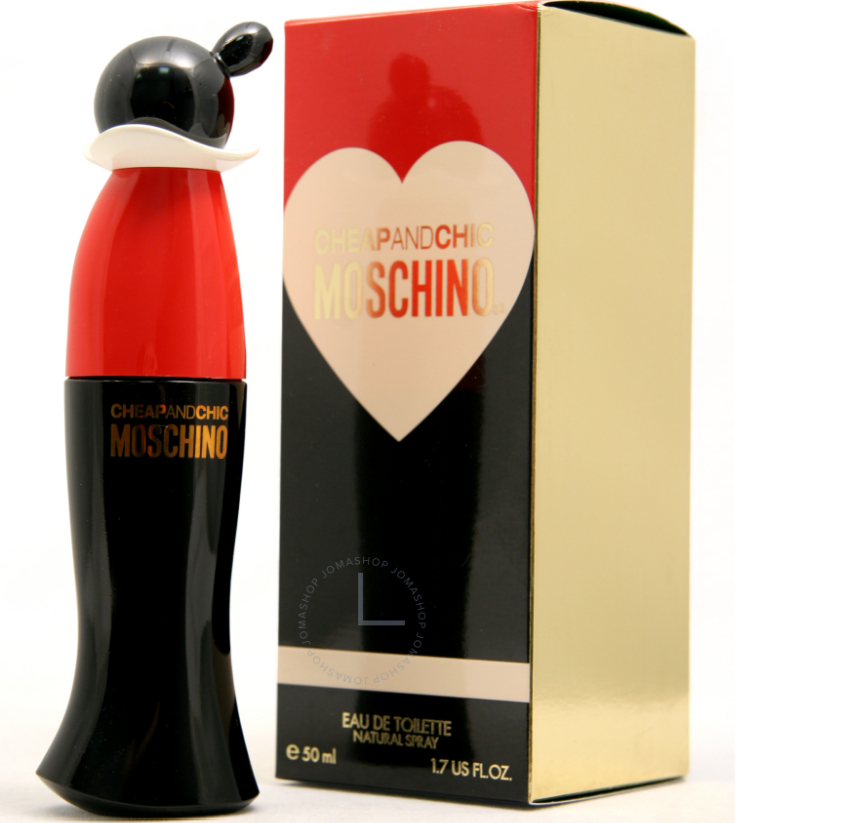 A bottle of Moschino Clear and Bold Eau de Toilette next to its original packaging box. The bottle features a black base with a vibrant red neck and a black-and-white mouse head cap. Moschino Cheap and Chic Eau de Toilette 1.7 oz bottle and box for women Authentic Perfume Store UPC 8011003061303