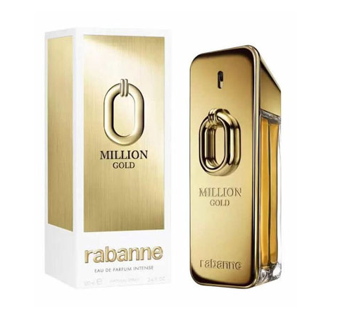 A bottle of Rabanne Million Gold Eau de Parfum next to its retail box, both featuring a metallic gold design with a white base on a clean white background.