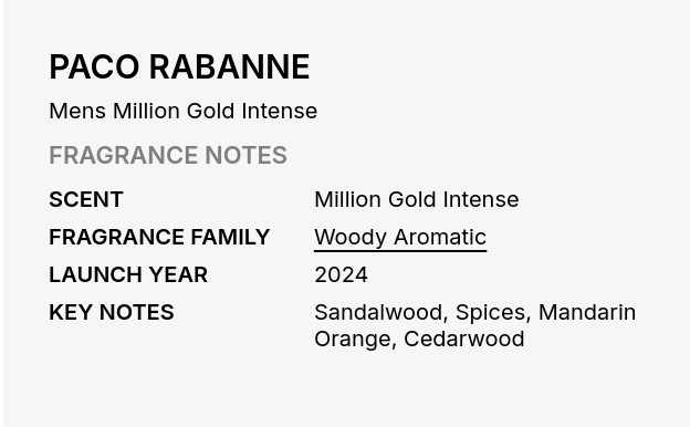 A text-based fragrance note card for PACO Rabanne Mens Million Gold Intense, listing scent, fragrance family, launch year, and key notes on a light gray background.