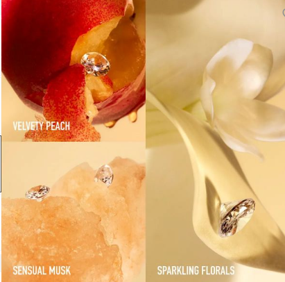 A four-panel fragrance-themed collage with small ring-like gemstones and text labels: 'VELVETY PEACH' over a peach slice, 'SENSUAL MUSK' over pink crystal, and 'SPARKLING FLORALS' over a white flower on a beige background.