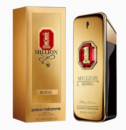 Paco Rabanne Million Royal perfume shown with its gold box and the rectangular gold bottle, both featuring a red and gold emblem and the text 'MILLION ROYAL' and 'paco rabanne'.